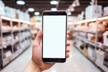 Hand holding a smartphone with a blank screen in a warehouse shopping aisle