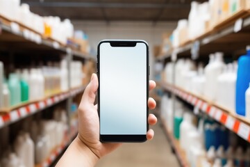 Hand holding a smartphone with a blank screen in a modern warehouse aisle