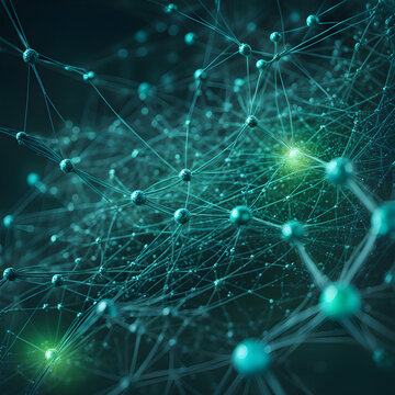 Abstract blue green technology background with a cyber network grid and connected particles. Artificial neurons, flat data connections - Generative AI