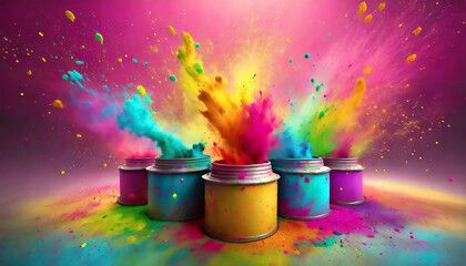 Vibrant exploding paint cans with flying paint in a studio in front of a colorful background.