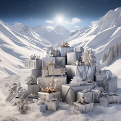 Fototapeta premium Silver christmas gift boxes on snow with mountains in the background