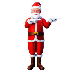 3D character of santa claus pointing to the right side using both hands, Merry Christmas and Happy New Year, 3d illustration and rendering