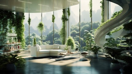 Modern eco-friendly living room with lush greenery and panoramic view of a futuristic city