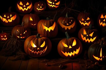 Spooky halloween background. scary pumpkin with burning eyes 