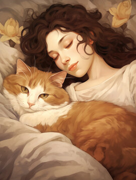 A woman and a cat sleeping peaefully in bed