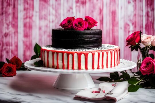 product  shot of a black and white cake , colourful logo of a company named "Slice Delice" written with cream on the cake ,placed on a white table, red roses in a  on the table, pink wallpaper with wh
