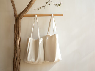 Free photo reusable eco friendly tote bag, Photo cotton recycling bag hanging, With Generative AI technology
