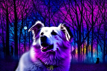 imagine an image where a white dog with black spots is happy in a park, surrounded by trees and blurry black and white people. The dog has a tennis ball in its mouth, both standing out in color while  - obrazy, fototapety, plakaty