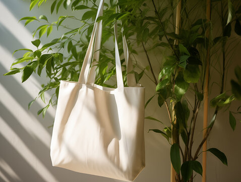 Free photo reusable eco friendly tote bag, Photo cotton recycling bag hanging, With Generative AI technology
