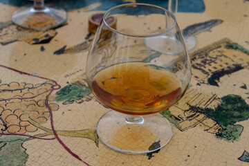 Tasting of Cognac strong alcohol drink in Cognac region, Charente, France
