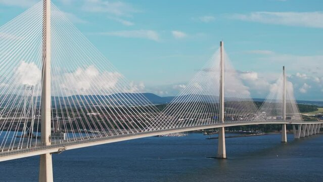 Narow aerial view of the Queensferry Crossing from Rosyth, Scotland