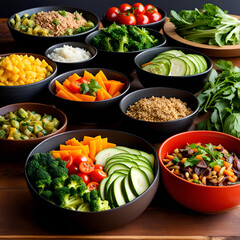 Vegetable assortment in bowls. A large variety of veggies on table. Cucumber, tomatoes, beans, and other healthy food. 