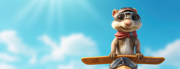 Cheerful animated chipmunk pilot soaring high on a propeller plane, adventure in the sunny sky.