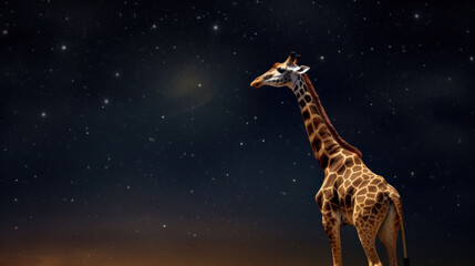A giraffe standing under a cosmic sky, presenting a surreal blend of nature and the universe.