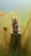 In a field of flowers, a mouse with a paintbrush stands on a spool, a tiny artist in a vast world.