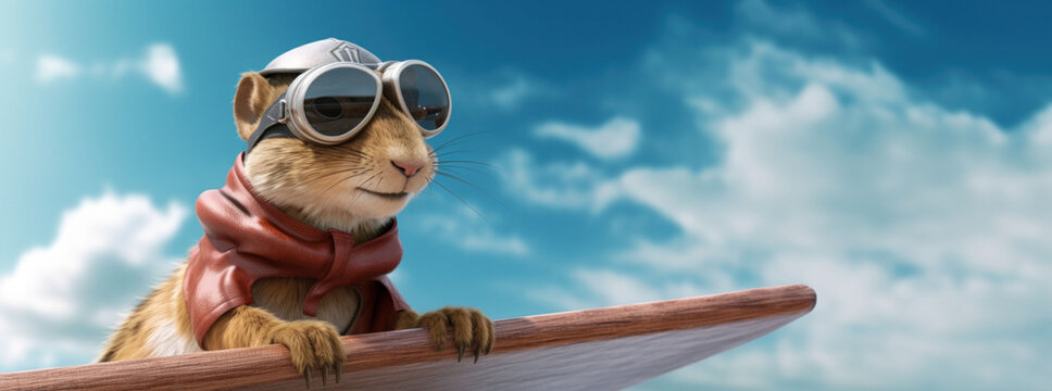 Thoughtful meerkat pilot holding propeller, creative animal character with flying dreams.