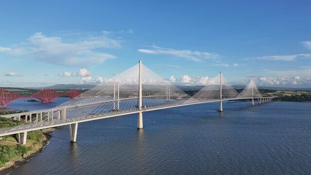 Wide aerial view of the Queensferry Crossing from Rosyth, Scotland