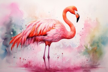 watercolor Flamingo watercolor pink flamingo in splashes Tropical exotic bird rose flamingo