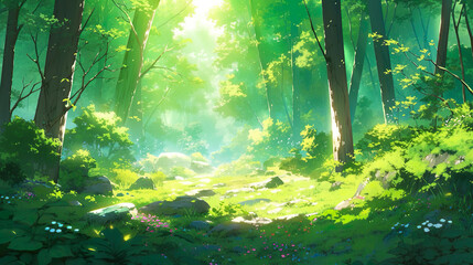 木漏れ日が落ちる森のアニメ風イラスト