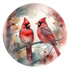 Red cardinal bird painting, circle wall art watercolor with generative ai