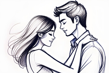 It is an AI painting that looks like a pencil sketch of a lovely couple with love. Generative AI