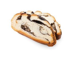 Slices of poppy seed roll isolated on white. Tasty cake