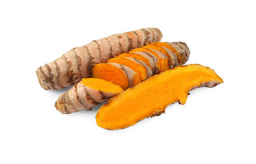 Whole and cut turmeric roots isolated on white