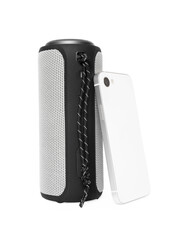 Portable bluetooth speaker and smartphone isolated on white. Audio equipment