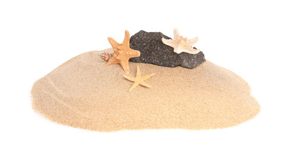 Sand with many beautiful sea stars, seashell and stone isolated on white