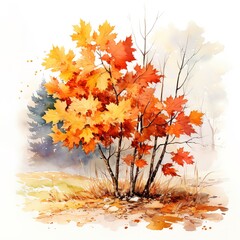Naklejka na ściany i meble Modern tree leaves branch watercolor art autumn color with generative ai