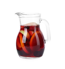 Glass jug of delicious sangria isolated on white