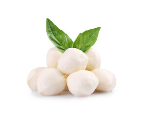 Fototapeta na wymiar Tasty mozzarella balls and basil leaves isolated on white