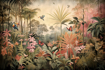 wallpaper jungle and leaves tropical forest mural toucan bird and birds butterflies old drawing vintage background - obrazy, fototapety, plakaty