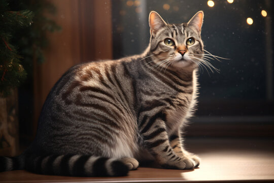 Photo of American Shorthair pet cat with the back of the living room