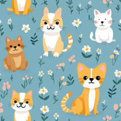 Seamless pattern of adorable cartoon puppies and kittens