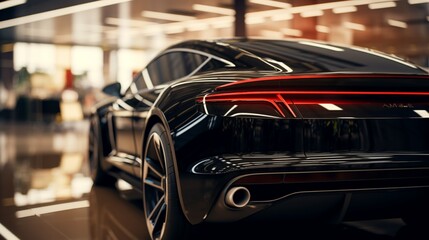 A realistic depiction of a black luxury car's rear view in a dealership, showcasing its distinctive taillights and dual exhaust pipes. - obrazy, fototapety, plakaty