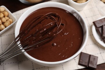 Bowl with chocolate cream and whisk on table, closeup