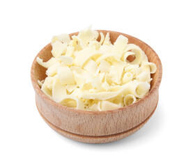 Bowl of tasty chocolate shavings isolated on white