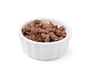 Bowl of tasty chocolate shavings isolated on white
