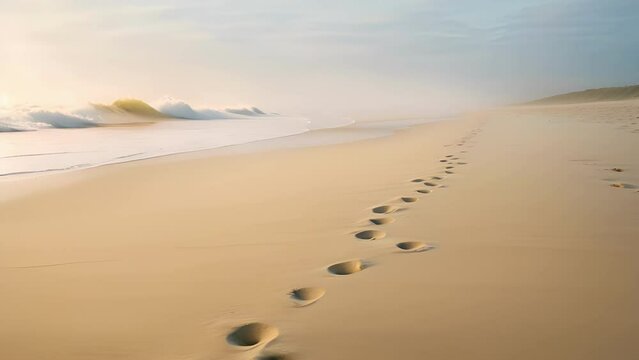 A misty morning at the beach, with a light layer of fog hovering over the sand. The footprints are ly visible, symbolizing the moments in life when we may feel lost or uncertain, but are