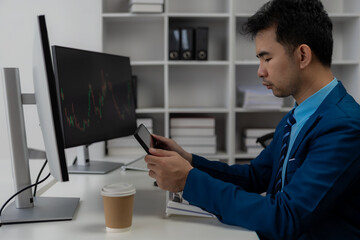 Obraz na płótnie Canvas Forex traders Man in front of multiple computer monitors Automated computer monitor of business processes from financial stock analysis data graphs.