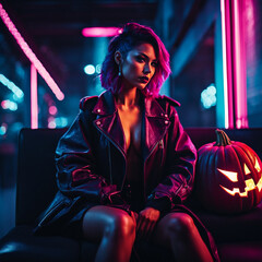 woman on a bench on halloween