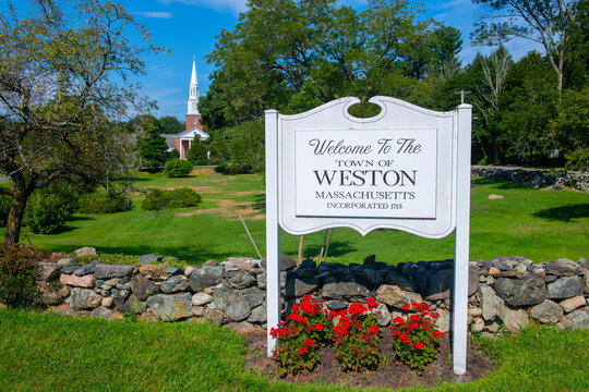 Welcome to Weston sign in front of St Peter's Episcopal Church at 320 Boston Post Road in historic town center of Weston, Massachusetts MA, USA.  