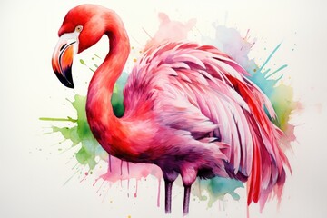 watercolor Flamingo watercolor pink flamingo in splashes Tropical exotic bird rose flamingo - obrazy, fototapety, plakaty