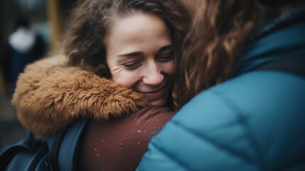 Two women embracing each other warmly in an outdoor setting.