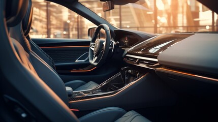 A detailed view of a luxury black car's interior through its open door in a dealership salon, showcasing the high-quality leather seats and advanced dashboard