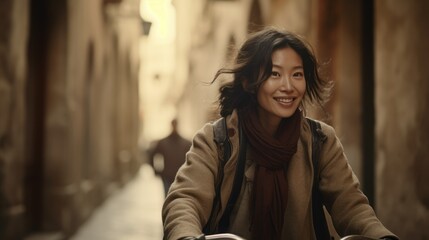 Asian woman cycling down narrow street.