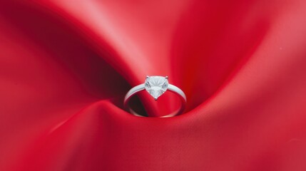 Diamond ring on red background, symbolizing elegance and romance.