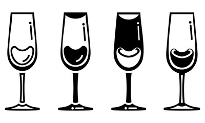 Varied Flute Wine Glasses Black Vector Icons on Transparent Background