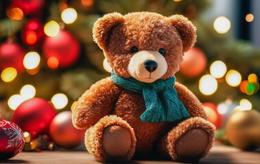 A teddy bear wearing a green scarf is sitting in front of a large Christmas tree.